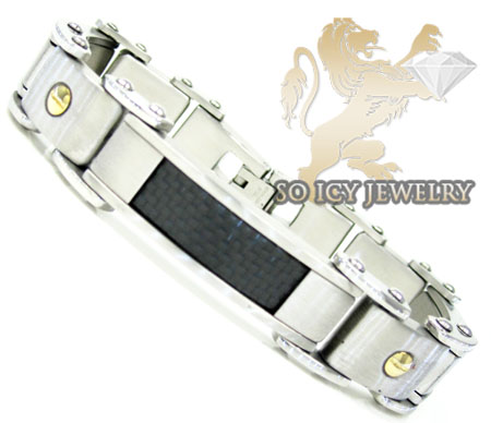 Two tone stainless steel black carbon fiber screw link bracelet