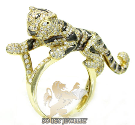 Ladies 14k yellow gold diamond black rhodium tiger ring 2.00ct