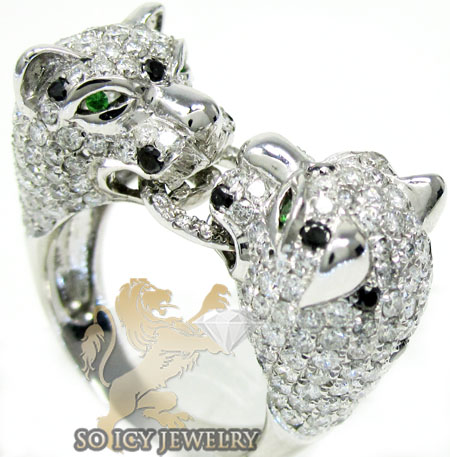 Ladies 14k white gold black diamond double headed panther ring 3.60ct