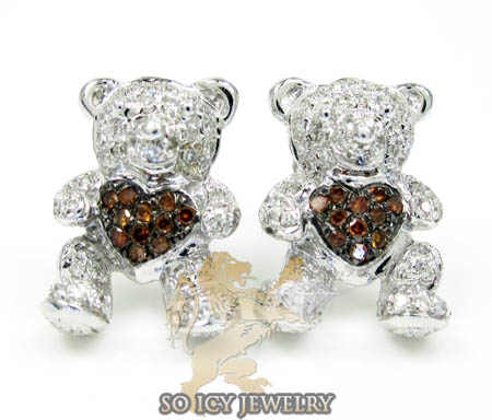 Ladies 10k white gold diamond heart teddy bear earrings 0.35ct