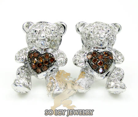 Ladies 10k white gold diamond heart teddy bear earrings 0.35ct - Image 1