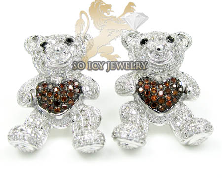 Ladies 10k white gold diamond heart teddy bear earrings 0.80ct - Image 1