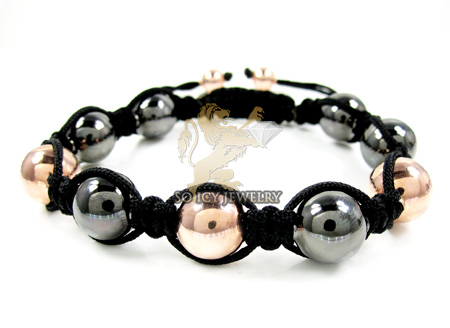 Rose & black sterling silver macramé smooth bead rope bracelet