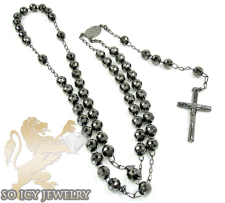 Black sterling silver rosary chain necklace 26 inches 6.8mm
