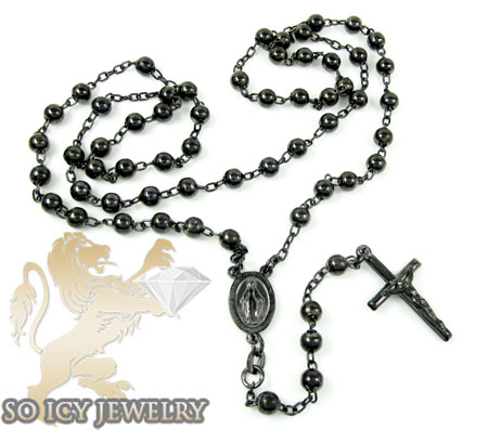 Black sterling silver rosary chain necklace 26 inches 5mm