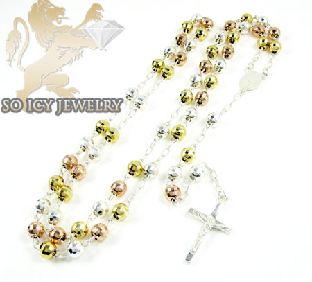 Tri color sterling silver rosary chain necklace 26 inches 5.8mm