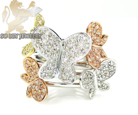 Ladies 10k three tone gold diamond butterfly ring 0.80ct
