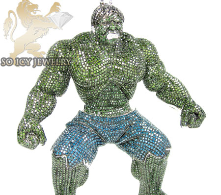 Hulk 10k white gold green & blue diamond pendant 28.15ct