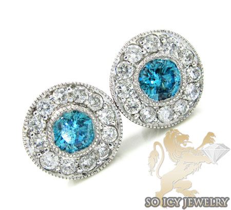 14k solid white gold blue diamond cluster earrings 1.25ct