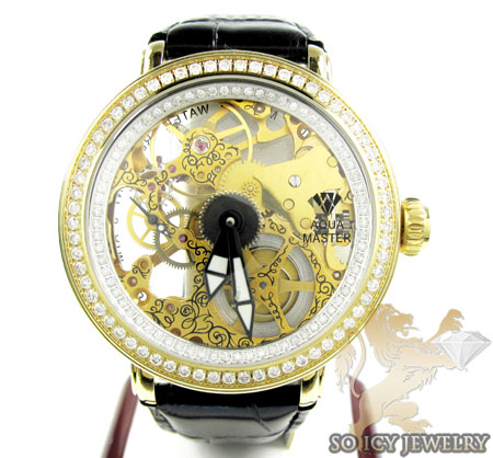 Mens aqua master yellow steel automatic 2 row diamond watch 3.50ct 