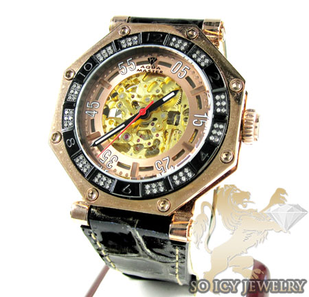 Mens aqua mater black & rose steel automatic diamond octagon watch 1.00ct