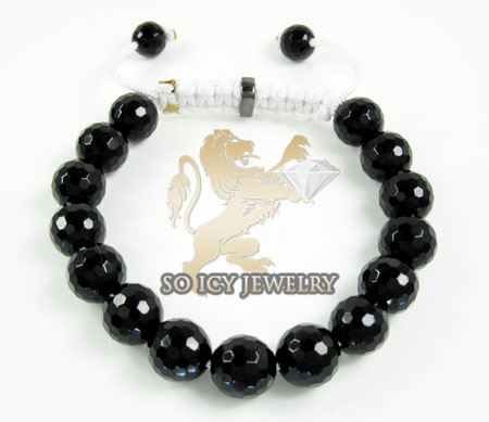 Macramé black onyx faceted bead white rope bracelet 