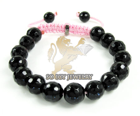 Macramé black onyx faceted bead pink rope bracelet 