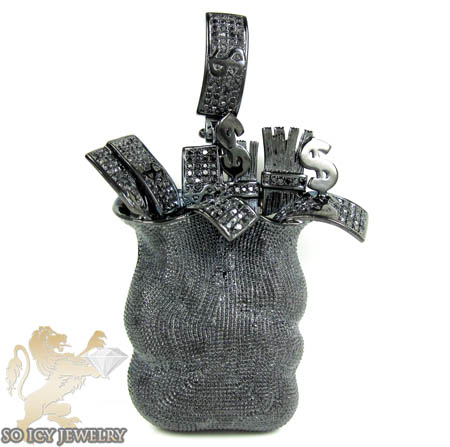 Mens black sterling silver diamond money bag pendant 1.75ct