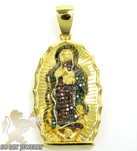 Yellow sterling silver red & green diamond virgin mary pendant 0.50ct