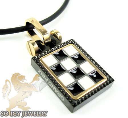 Mens baraka 18k gold & black stainless steel checkered grand prix pendant