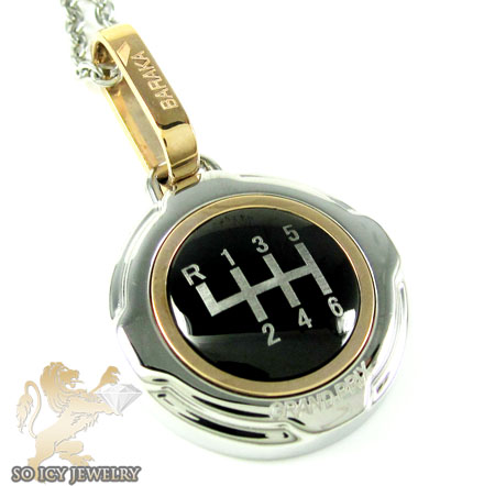 Mens baraka 18k rose gold & white stainless steel gear box grand prix pendant