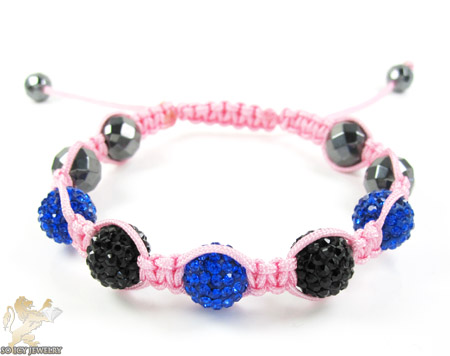 Black & blue rhinestone macramé faceted bead rope bracelet 5.00ct