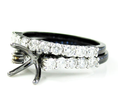 Ladies 10k black gold white & black diamond semi mount ring & wedding band set 1.06ct