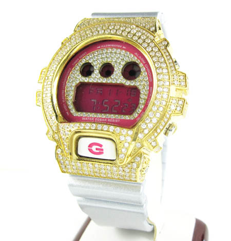 Mens white cz dw-6900 yellow stainless steel g-shock watch 5.00ct