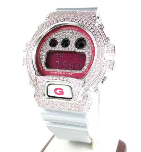 Mens pink cz dw-6900 white stainless steel g-shock watch 5.00ct - Image 1