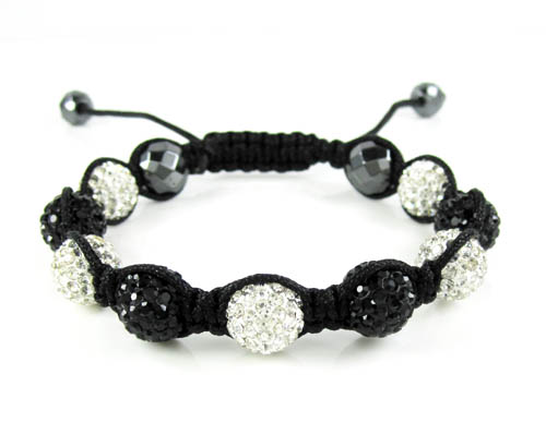 Black & white rhinestone macramé black bead rope bracelet 9.00ct