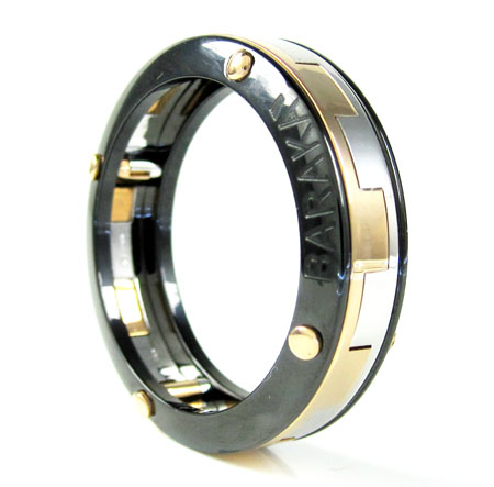 Mens baraka 18k white & rose gold black ceramic wedding band screw ring - Image 1