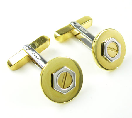 Mens baraka 18k yellow & white gold round screw cufflinks - Image 1