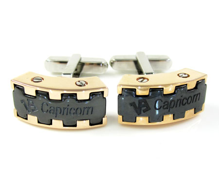 Mens baraka 18k rose & white gold & black ceramic capricorn cufflinks - Image 1