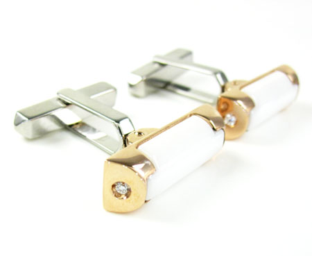 Mens baraka 18k rose & white gold & white ceramic diamond cufflinks 0.08ct - Image 1