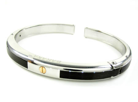 Mens baraka 18k rose gold & white stainless steel black rubber bracelet - Image 1