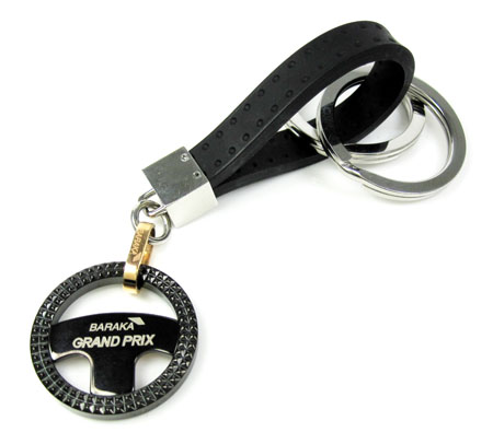 18k solid rose gold & white steel rubber grand prix steering wheel key chain - Image 1