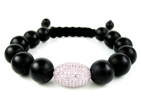 925 sterling silver pink cz black smooth onyx macramé bead rope bracelet 1.50ct