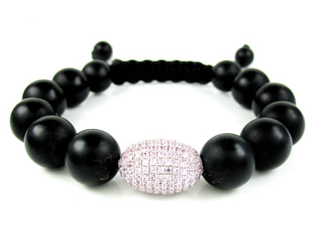 925 sterling silver pink cz black smooth onyx macramé bead rope bracelet 1.50ct