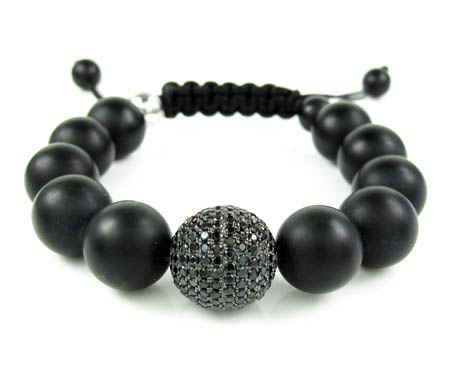 925 sterling silver black cz black smooth onyx macramé bead rope bracelet 1.25ct