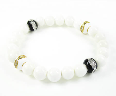 925 sterling silver cz white & black smooth onyx macramé bead rope bracelet 1.00ct - Image 1