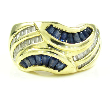 Ladies 14k yellow gold baguette blue sapphire & diamond cocktail ring 1.50ct