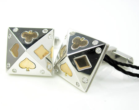 18k solid rose & white gold suit of cards cufflinks 0.16ct