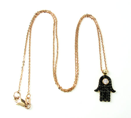 Ladies 14k solid rose gold black diamond hamsa pendant with chain 0.47ct