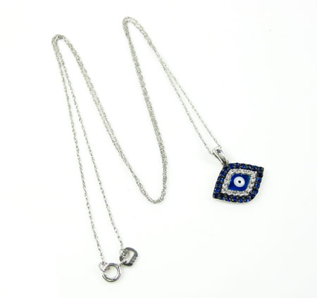 Ladies 14k solid white gold blue & white diamond evil eye pendant with chain 0.30ct - Image 1