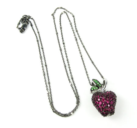 Ladies 18k solid black & white gold ruby & sapphire apple pendant with chain 1.25ct