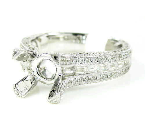Ladies 18k white gold round & baguette diamond semi mount ring 1.28ct