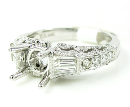 Ladies 14k white gold round & baguette diamond semi mount ring 0.62ct