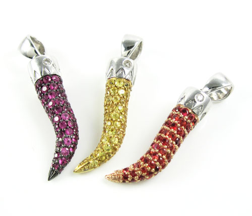 Unisex 18k gold sapphire & diamond italian horn pendant 1.36ct - Image 1