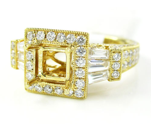 18k yellow gold baguette & round diamond semi mount ring 1.60ct