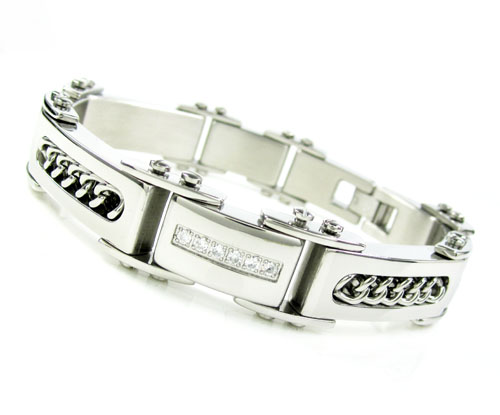 Mens white stainless steel spring loaded cz bracelet 0.18ct