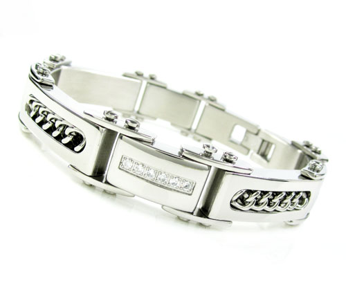 Mens white stainless steel spring loaded cz bracelet 0.18ct - Image 1