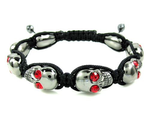 Red rhinestone copper macramé skull bead rope bracelet 8.00ct