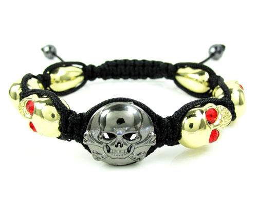 Red rhinestone copper macramé skull bead rope bracelet 6.00ct