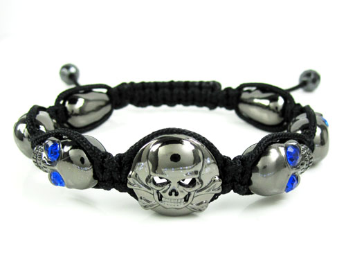 Blue rhinestone copper macramé skull bead rope bracelet 6.00ct - Image 1
